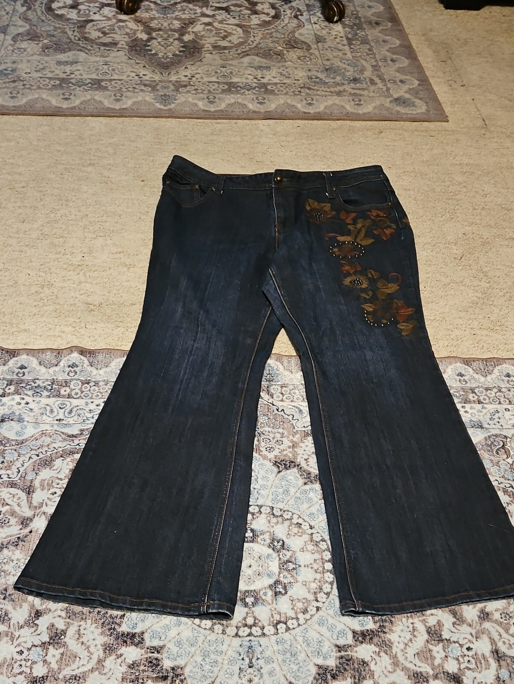 Embroidered Dark Blue Flare Jeans for Women